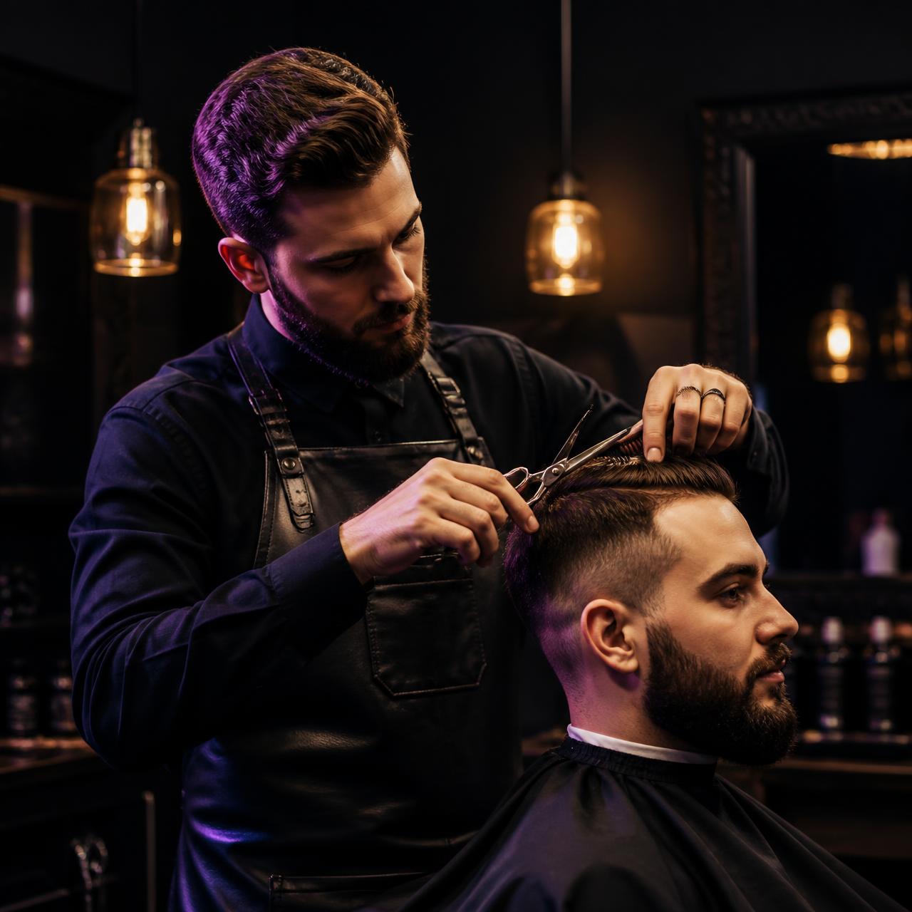 Barber cutting a client's hair in an upscale barbershop